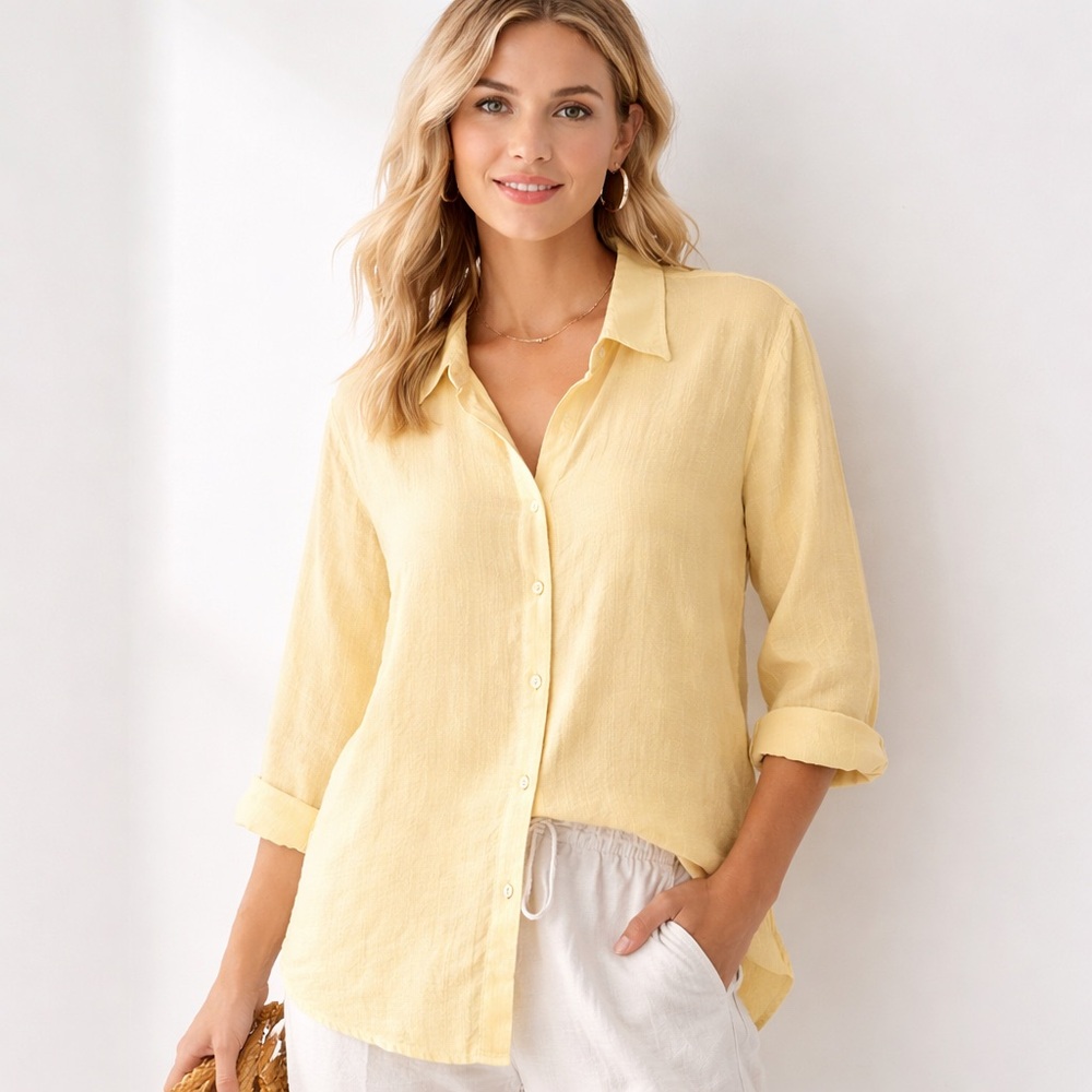 J. Jill Linen Button Front Shirt Textured Butter Yellow Relaxed Fit Size L